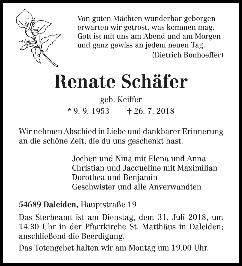  Traueranzeige für Renate Schäfer vom 28.07.2018 aus trierischer_volksfreund