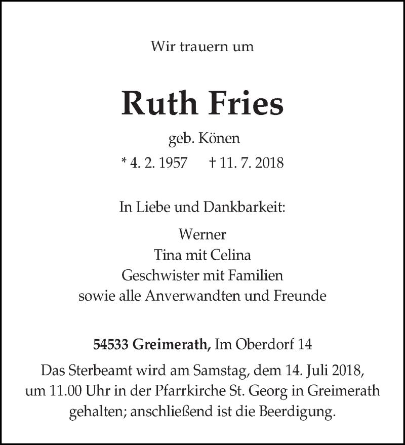  Traueranzeige für Ruth Fries vom 12.07.2018 aus trierischer_volksfreund