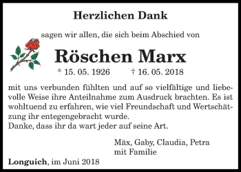 Traueranzeige von Röschen Marx von trierischer_volksfreund