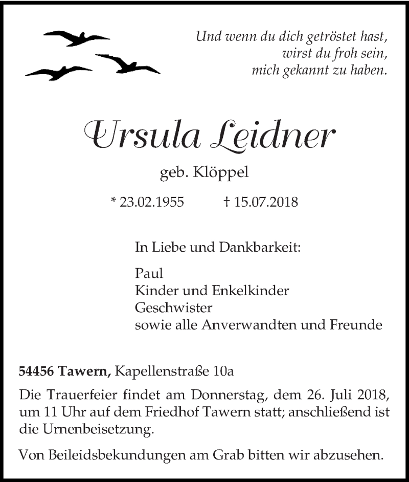  Traueranzeige für Ursula Leidner vom 21.07.2018 aus trierischer_volksfreund
