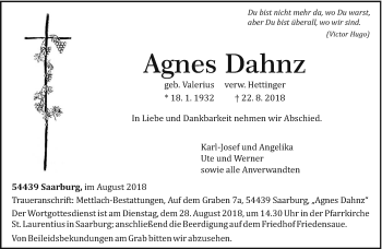 Traueranzeige von Agnes Dahnz von trierischer_volksfreund