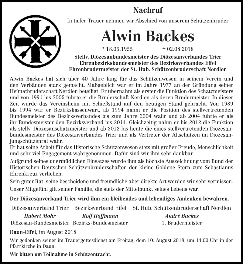  Traueranzeige für Alwin Backes vom 08.08.2018 aus trierischer_volksfreund