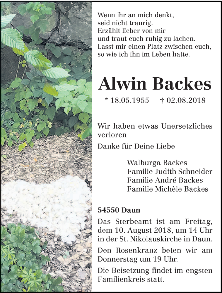  Traueranzeige für Alwin Backes vom 08.08.2018 aus trierischer_volksfreund