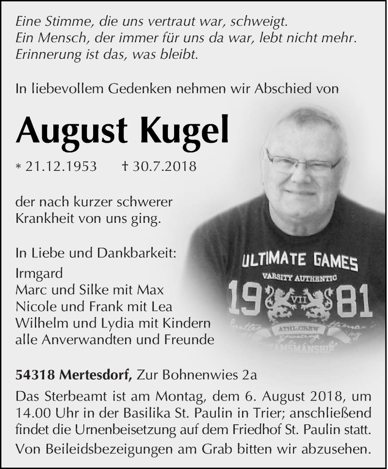  Traueranzeige für August Kugel vom 02.08.2018 aus trierischer_volksfreund