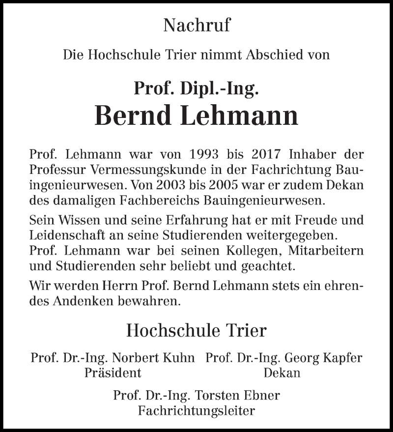  Traueranzeige für Bernd Lehmann vom 25.08.2018 aus trierischer_volksfreund