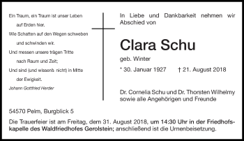 Traueranzeige von Clara Schu von trierischer_volksfreund