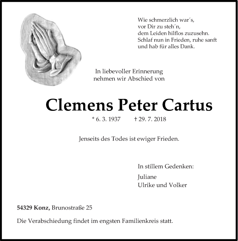  Traueranzeige für Clemens Peter Cartus vom 04.08.2018 aus trierischer_volksfreund