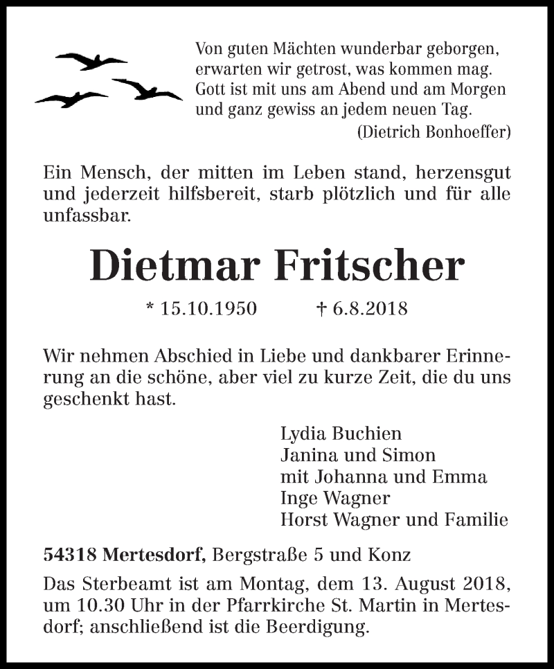  Traueranzeige für Dietmar Fritscher vom 10.08.2018 aus trierischer_volksfreund
