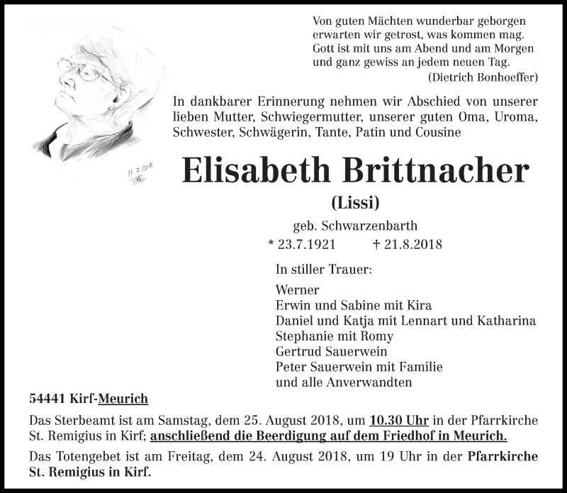  Traueranzeige für Elisabeth Brittnacher vom 23.08.2018 aus trierischer_volksfreund