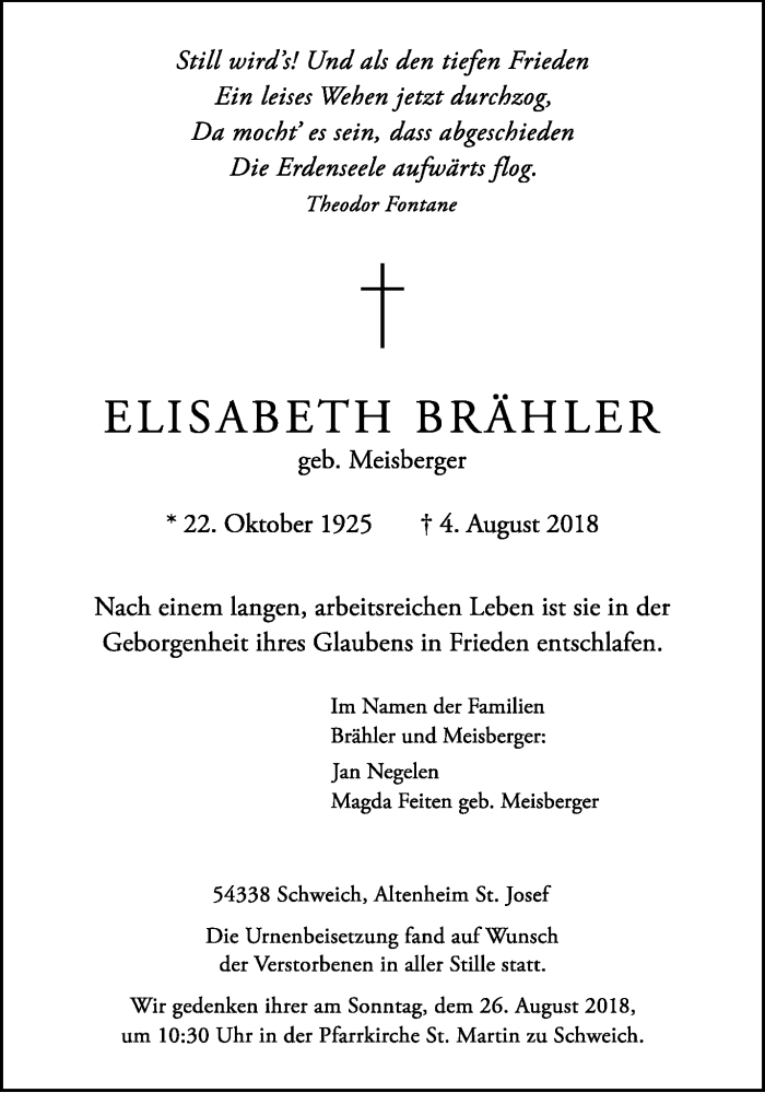 Traueranzeige für Elisabeth Brähler vom 24.08.2018 aus trierischer_volksfreund
