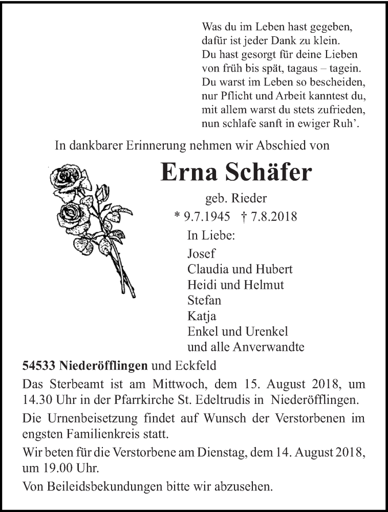  Traueranzeige für Erna Schäfer vom 11.08.2018 aus trierischer_volksfreund
