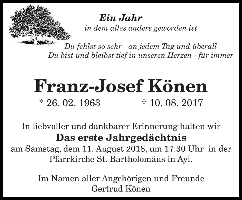  Traueranzeige für Franz-Josef Könen vom 09.08.2018 aus trierischer_volksfreund