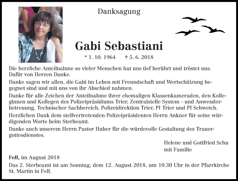  Traueranzeige für Gabi Sebastiani vom 08.08.2018 aus trierischer_volksfreund