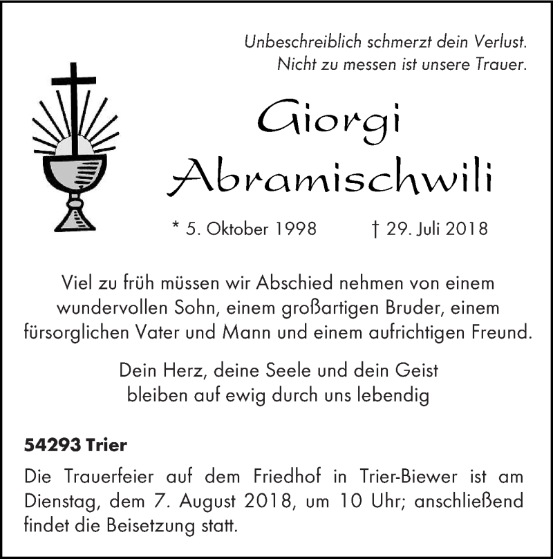  Traueranzeige für Giorgi Abramischwili vom 04.08.2018 aus trierischer_volksfreund