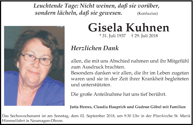  Traueranzeige für Gisela Kuhnen vom 25.08.2018 aus trierischer_volksfreund