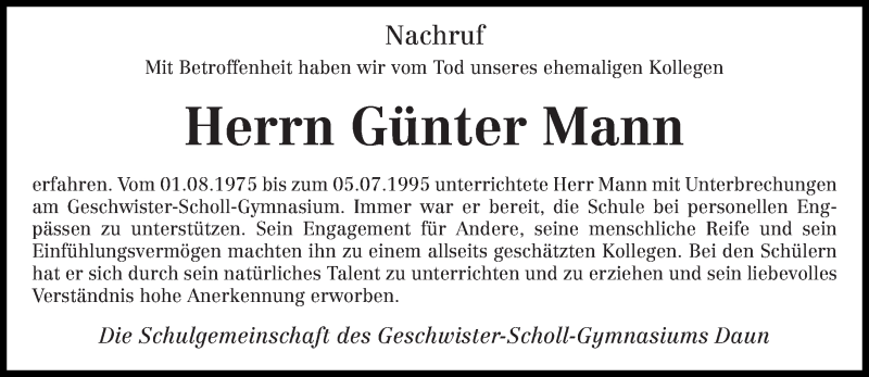  Traueranzeige für Günter Mann vom 23.08.2018 aus trierischer_volksfreund