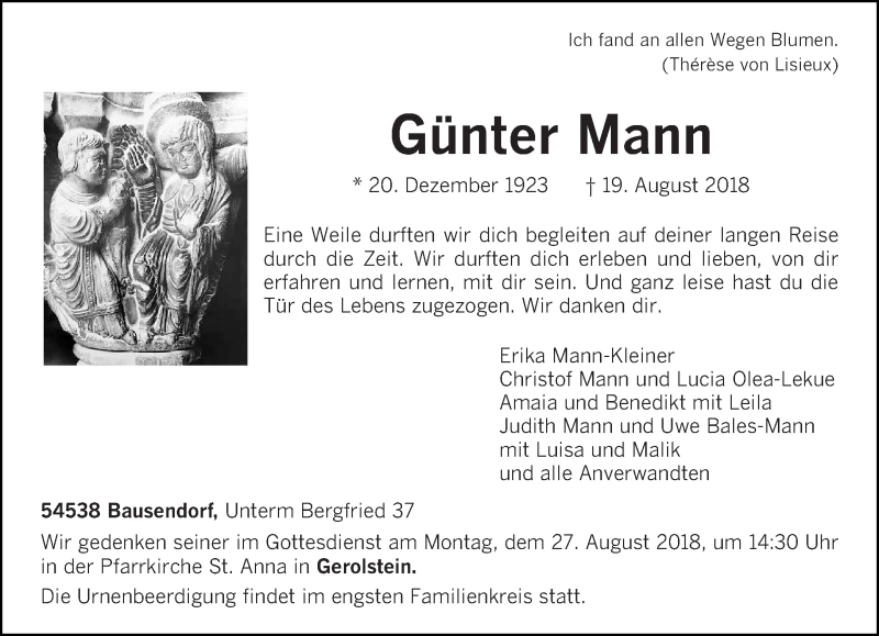  Traueranzeige für Günter Mann vom 21.08.2018 aus trierischer_volksfreund