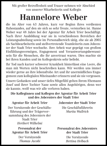 Traueranzeige von Hannelore Weber von trierischer_volksfreund