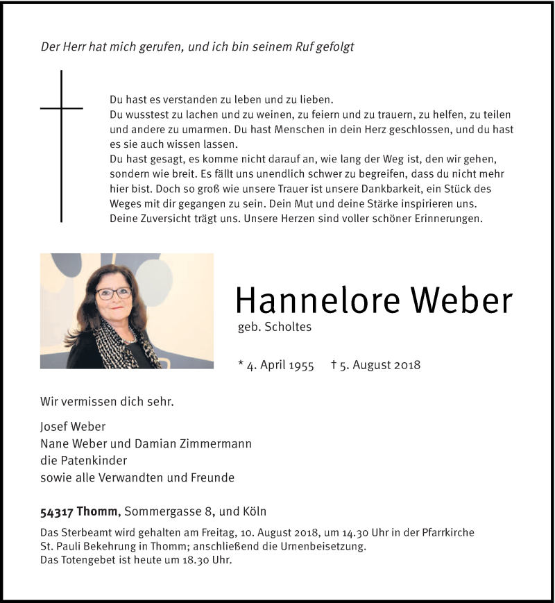 Traueranzeige für Hannelore Weber vom 08.08.2018 aus trierischer_volksfreund