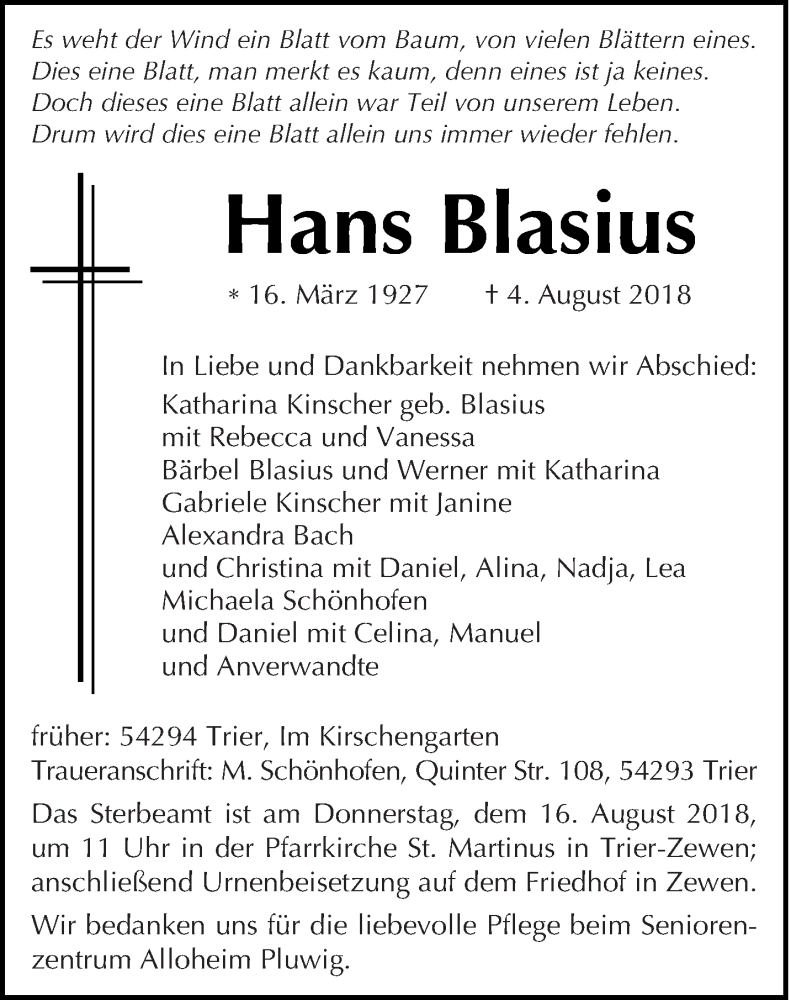  Traueranzeige für Hans Blasius vom 11.08.2018 aus trierischer_volksfreund