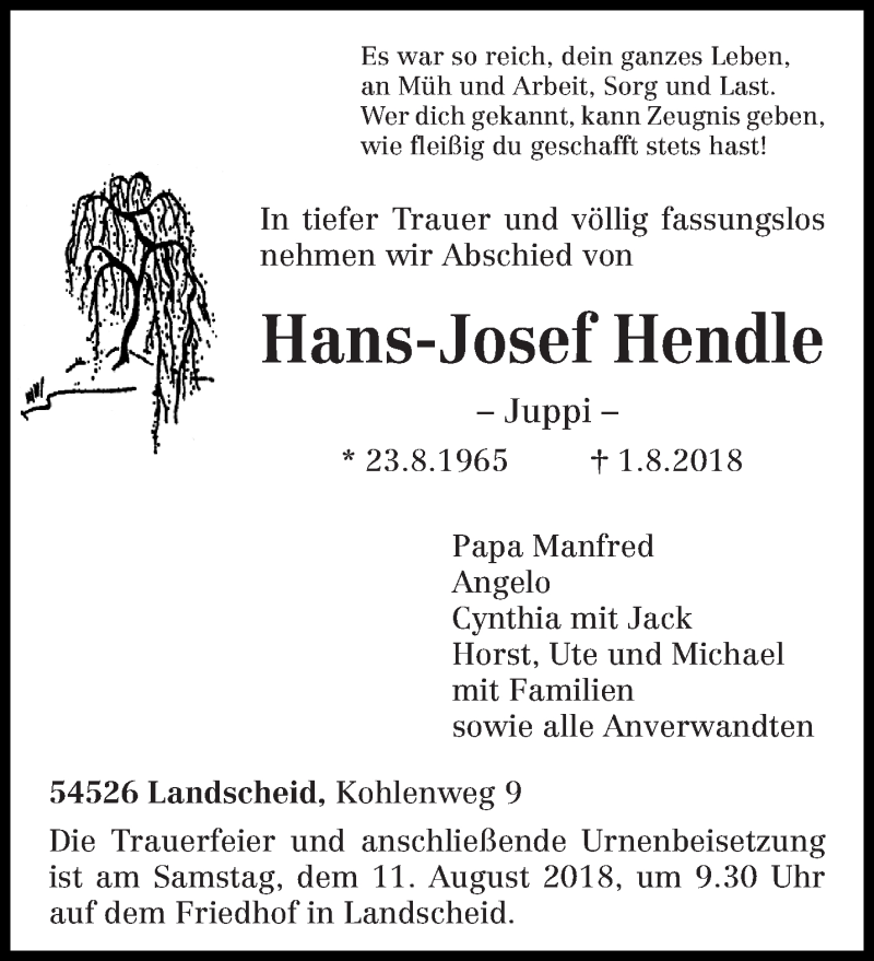  Traueranzeige für Hans-Josef Hendle vom 04.08.2018 aus trierischer_volksfreund