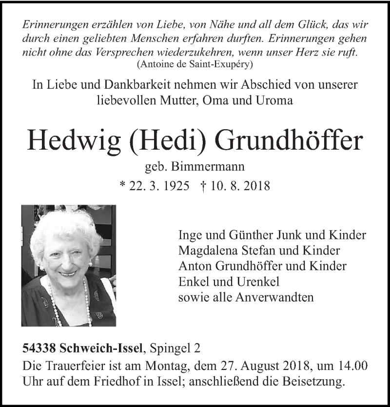 Traueranzeige für Hedwig Grundhöffer vom 22.08.2018 aus trierischer_volksfreund