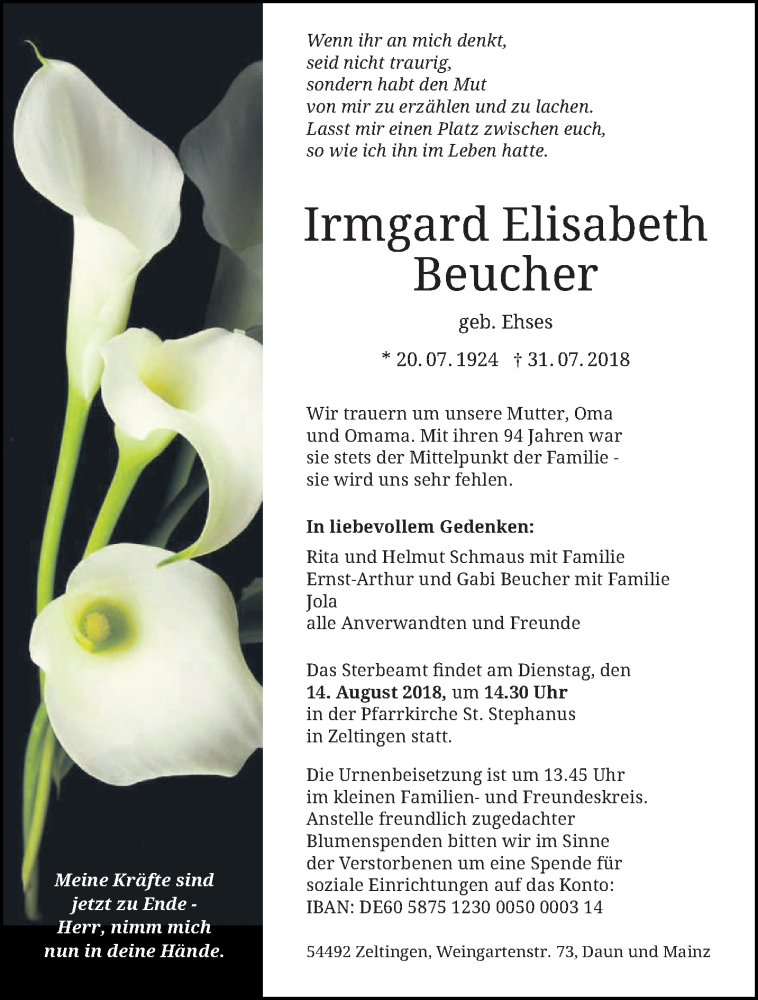  Traueranzeige für Irmgard Elisabeth Beucher vom 08.08.2018 aus trierischer_volksfreund