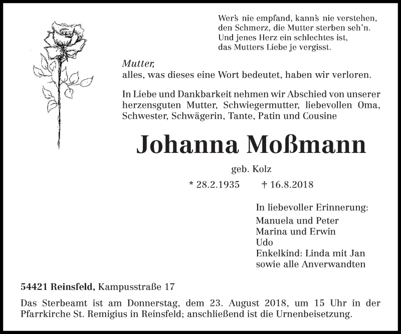 Traueranzeige für Johanna Moßmann vom 20.08.2018 aus trierischer_volksfreund