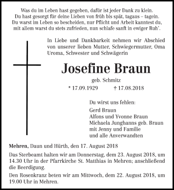 Traueranzeige von Josefine Braun von trierischer_volksfreund
