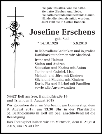 Traueranzeige von Josefine Erschens von trierischer_volksfreund