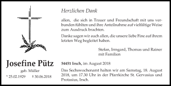 Traueranzeige von Josefine Pütz von trierischer_volksfreund
