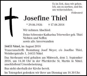 Traueranzeige von Josefine Thiel von trierischer_volksfreund