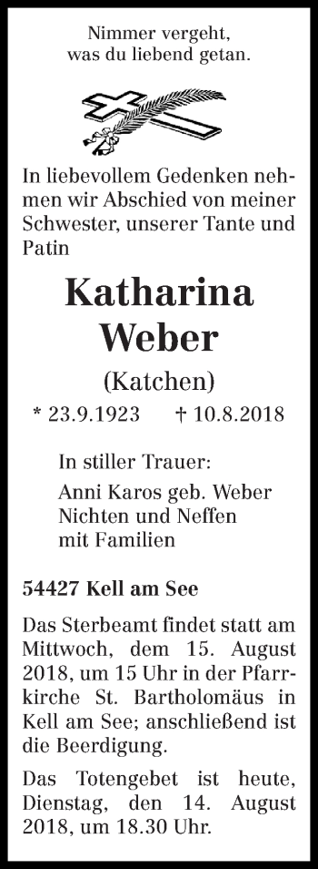 Traueranzeige von Katharina Weber von trierischer_volksfreund