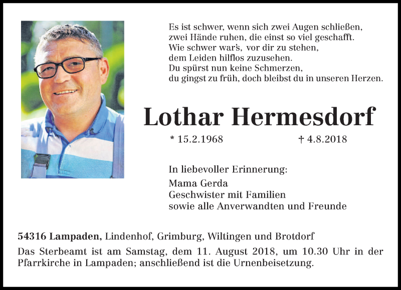  Traueranzeige für Lothar Hermesdorf vom 08.08.2018 aus trierischer_volksfreund