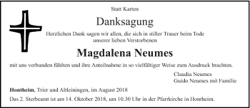 Traueranzeige von Magdalena Neumes von trierischer_volksfreund