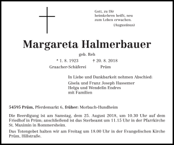 Traueranzeige von Margareta Halmerbauer von trierischer_volksfreund