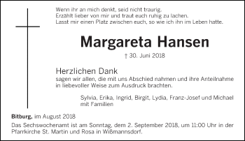 Traueranzeige von Margareta Hansen von trierischer_volksfreund