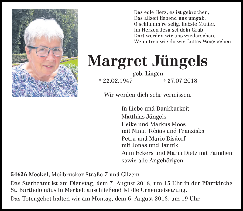  Traueranzeige für Margret Jüngels vom 01.08.2018 aus trierischer_volksfreund