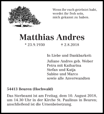 Traueranzeige von Matthias Andres von trierischer_volksfreund