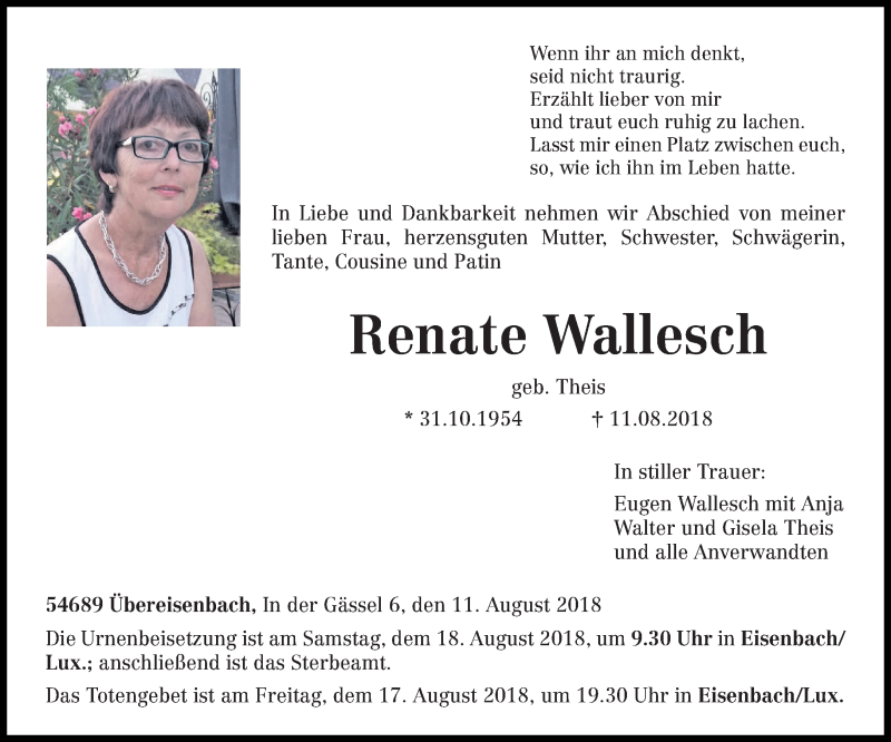  Traueranzeige für Renate Wallesch vom 14.08.2018 aus trierischer_volksfreund