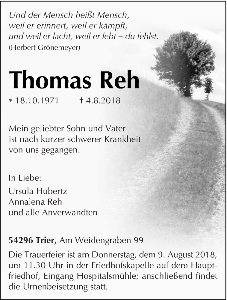  Traueranzeige für Thomas Reh vom 07.08.2018 aus trierischer_volksfreund