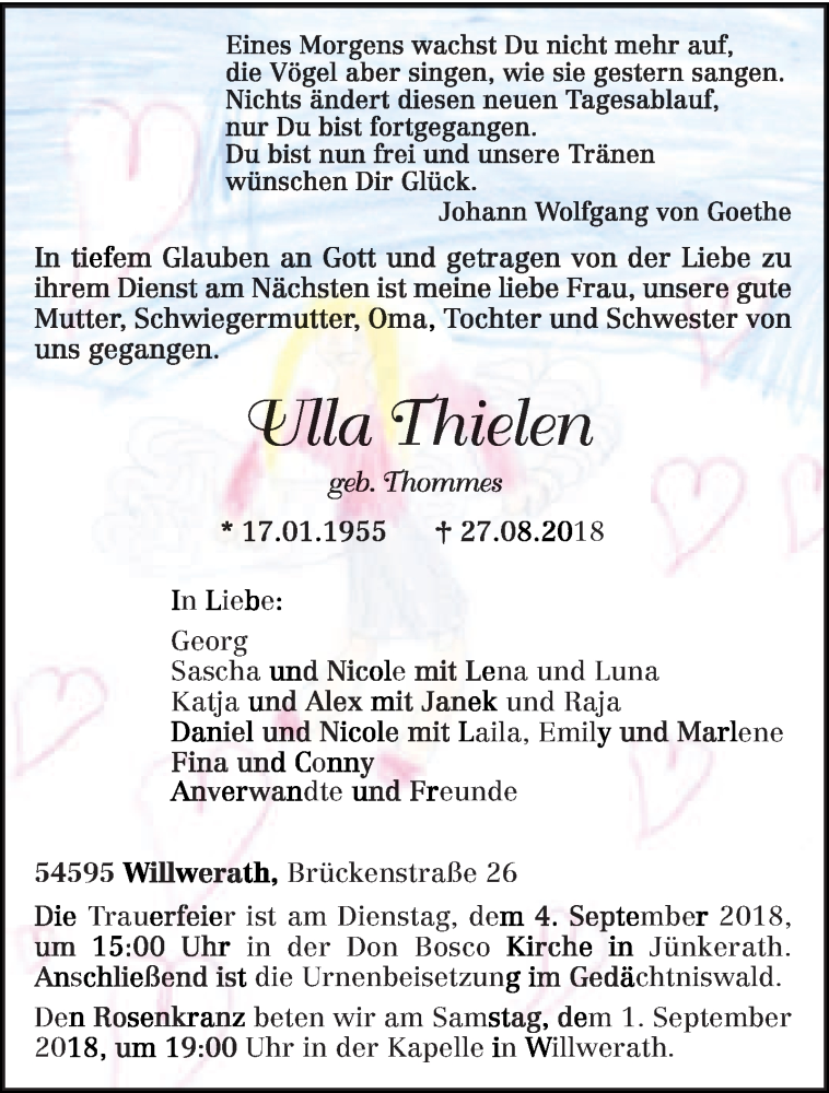  Traueranzeige für Ulla Thielen vom 30.08.2018 aus trierischer_volksfreund