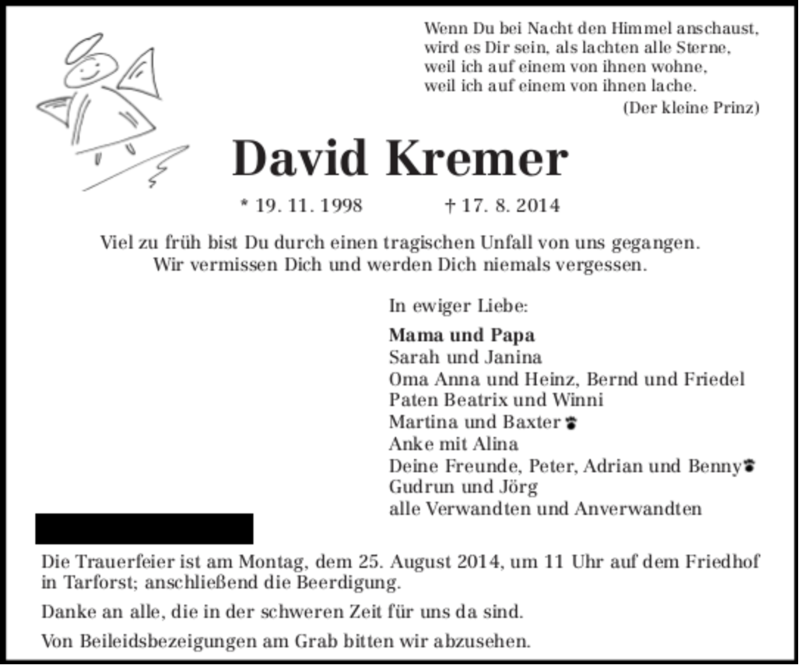  Traueranzeige für David Kremer vom 23.08.2014 aus trierischer_volksfreund