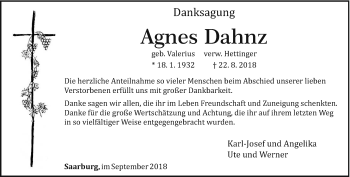 Traueranzeige von Agnes Dahnz von trierischer_volksfreund