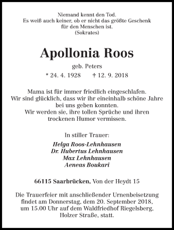 Traueranzeige von Apollonia Roos von trierischer_volksfreund