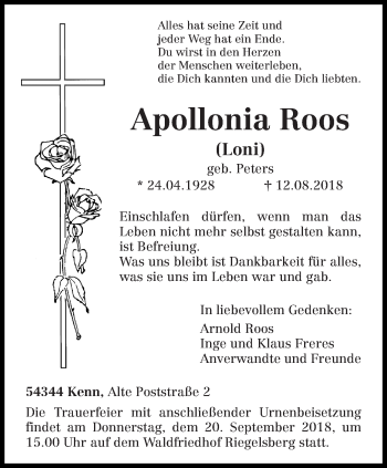 Traueranzeige von Apollonia Roos von trierischer_volksfreund