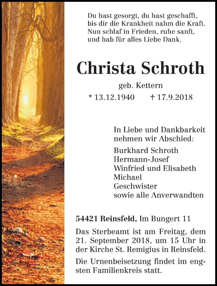  Traueranzeige für Christa Schroth vom 19.09.2018 aus trierischer_volksfreund