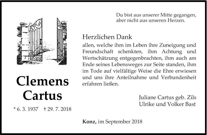  Traueranzeige für Clemens Cartus vom 15.09.2018 aus trierischer_volksfreund