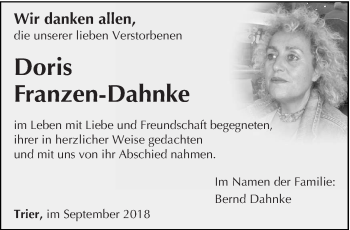 Traueranzeige von Doris Franzen-Dahnke von trierischer_volksfreund