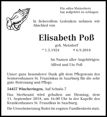 Traueranzeige von Elisabeth Poß von trierischer_volksfreund